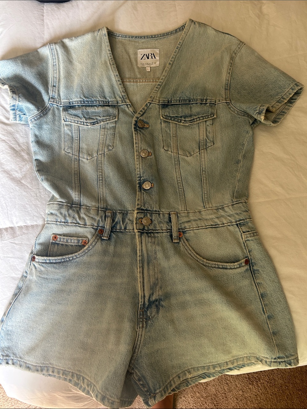 Zara Light Blue Denim Short Jumpsuit